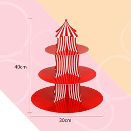 1set de cirque à 3 niveaux Carnaval Paper Cupcake Stand Red Striped Cake Decorating Supplies Stand de Cupcake de la journée pour enfants