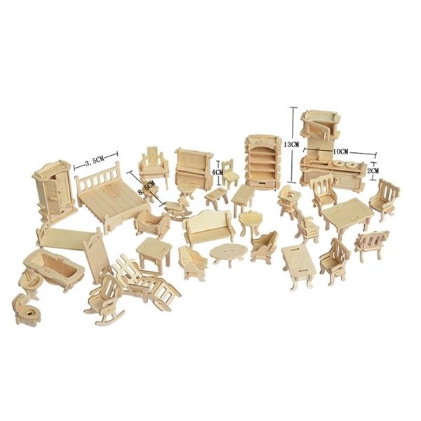 1 juego = 34 piezas, AIBOULLY Casa de muñecas de madera Muebles de casa de muñecas Rompecabezas Escala Modelos en miniatura Accesorios de bricolaje Set 201217