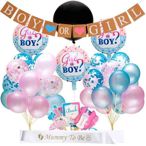 1set 36pcs Suministros de fiesta de globos de revelación de género 36 pulgadas Pink Gender Reveal Boy o Girl Banner Baby Shower Confetti Foil Balloon 210719