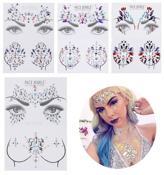 1 ensemble 3D acrylique gemmes paillettes poitrine yeux strass autocollants adhésif seins bijoux cristal tatouage ornement outil corps maquillage outil8701116