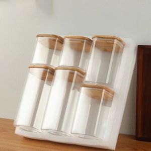 1 lot de 6 bocaux carrés en verre, boîte de grains avec couvercle en bambou, récipient de stockage des aliments scellé, boîte de rangement de cuisine en verre à haute teneur en borosilicate, bouteille d'assaisonnement pour collations