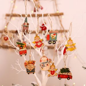1Set Car Angel Toys Jaar Natuurlijk hout Kerst ornamenten Hangers Hangende geschenken Kerst Tree Home Decor Y201020