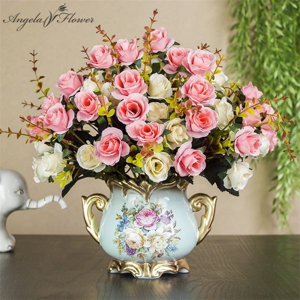 1set européen fleur artificielle + vase salon maison table décor de mariage en pot bonsaï ornement soie flores + vase en céramique cadeau 201222