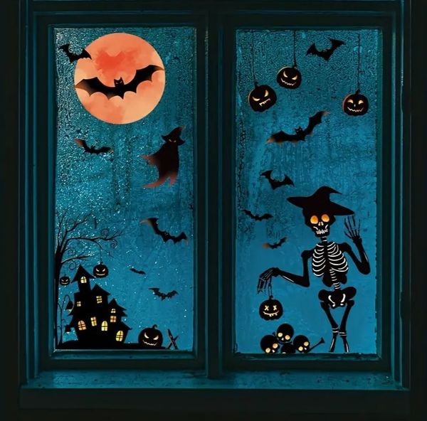 1 ensemble, Halloween rouge lune chauve-souris château citrouille fantôme squelette personnes salon maison fenêtre verre décoration