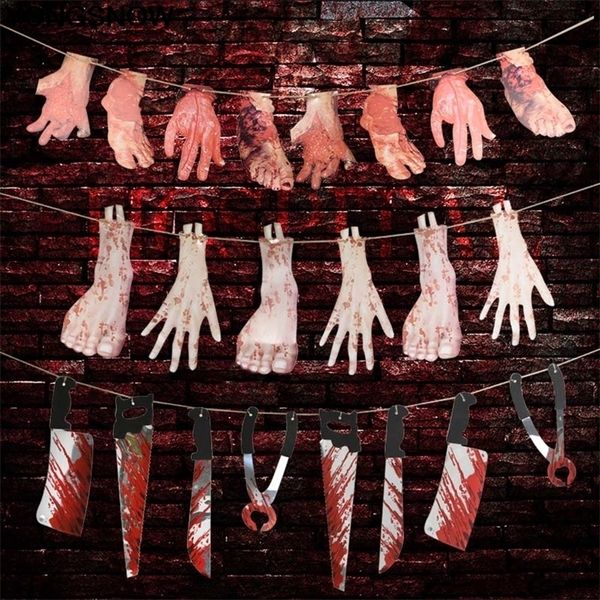 1Set Horror Creepy Hanging Hand Scary Extremidades Arms Bloody Paper Garland Banner DIY Decoración de Halloween Prop Party Supplies Favors 220815