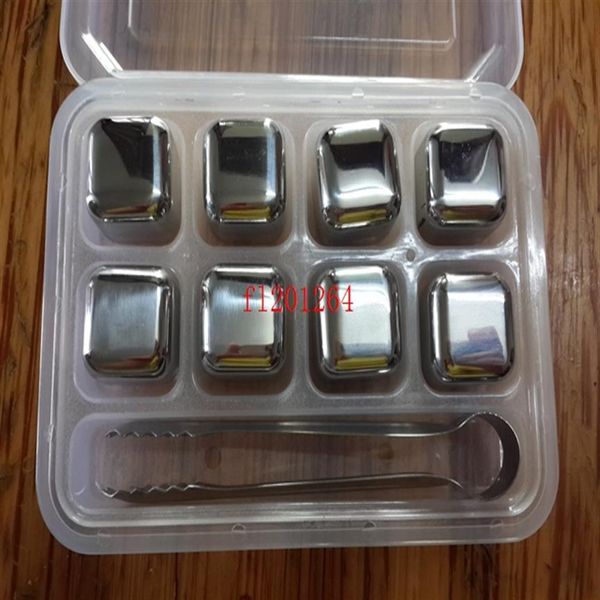 1 juego / lote Piedras de whisky de acero inoxidable Cubos de hielo Glacier Cooler Stone Whisky Rocks 8pc cubo de hielo 1pcs clip241g