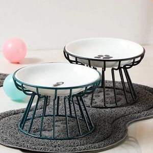 1Set Pet Ceramic Bowl Iron Rack Cat Food Snacks ingeblikte plaat Anti-zwarte kin Anti-draaiende water lekt niet gemakkelijk om te eten 240407