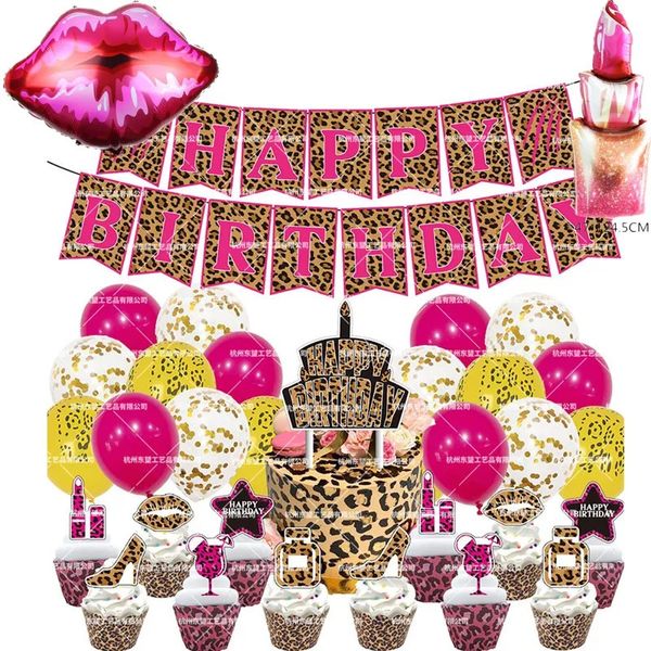 1Set Sexy Leopard Impresión Impresión Cumpleaños suministros de fiesta de cumpleaños Rose Red Banner Cake Topper Festival para mujer Decoraciones 240328