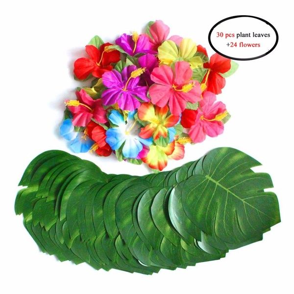 1 ensemble été tortue feuilles simulation pétales hawaïen plage thème barbecue fête d'anniversaire décorations 30 pièces 8 pouces feuilles + 24 fleurs