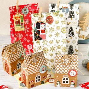 1set (Total 97pcs) Thème de Noël Boîtes de bonbons Faveurs Porte-chocolateurs Souffle Sweet Paper Sac Fournitures Little Cadeau avec Tag N Jute Corde