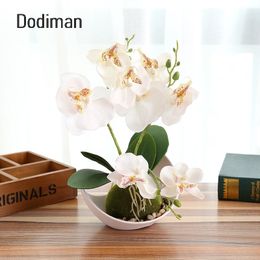1Set Trigeminal Phalaenopsis simulation bonsaï plante artificielle fleur + pot fleur décorative ensemble maison table chambre accessoire Y200104