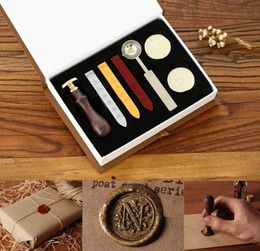 1 ensemble Vintage bois Alphabet Badge cacheter cire sceau timbre Kit ensemble artisanat cuillère pour Invitations de mariage enveloppe Scrapbooking bougie 9548989