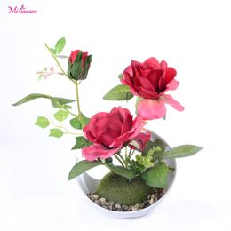 1 set Bienvenue Rose fleur Bonsaï Simulation Décoratif Fleurs Artificielles Faux 3 têtes Pot Plantes Ornements Maison mariage Décor