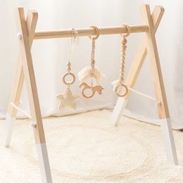 1Set Houten Rammelaar Bijtringen Baby Speelgoed Play Gym Mobiele geboren Zintuiglijke Structuur Baby Verpleging Geschenken Handgemaakte Wandelwagen Accessoires 210923