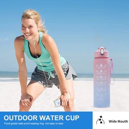 1set3pcs sportwaterfles met stroman vrouwen fitness waterflessen buiten koud water flessen met tijd marker drinkware 240511
