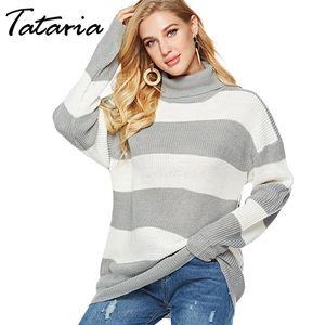 1Sweater hiver femmes tricoté noir col roulé rayé chaud pull tricots femme pull à manches longues pull 210514