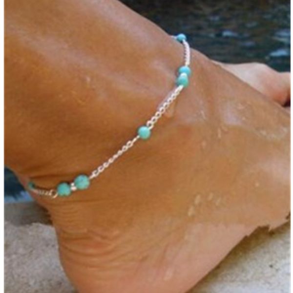 1 tobillera con cadena de plata con cuentas únicas, tobillera de recuerdo, pulsera para pies, joyería para los pies, tobilleras con cuentas verdes de plata tibetana, joyería para mujer