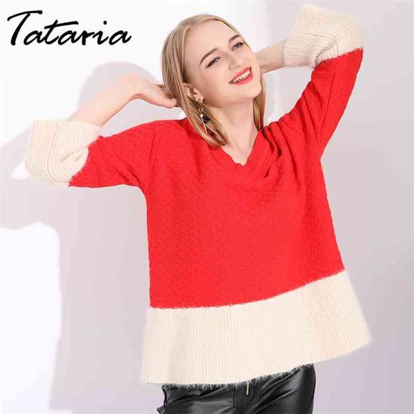 1Winter Mujer Suéter Tejer Jerseys Mohair Patchwork Rojo Navidad Mujer Cashmere Invierno 210514