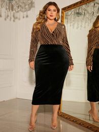 1xl 4xl plus robe de taille profonde V paillettes à manches longues enveloppant une jupe noire solide sexy et confortable en velours 240410