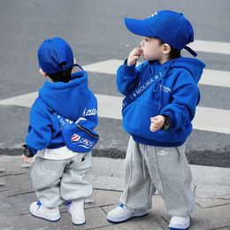 2-11Y sweat à capuche bleu adapté aux adolescents bébé garçons sweats à capuche vêtements laine laine filles pulls de sport hiver épais manteau chaud 240103