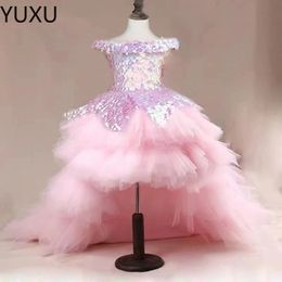2-14 años de encaje Tul Flower Girl Bows First Communion Dress Princess Ball Ball Farty Wedding Farty de bajo lentejuelas 403