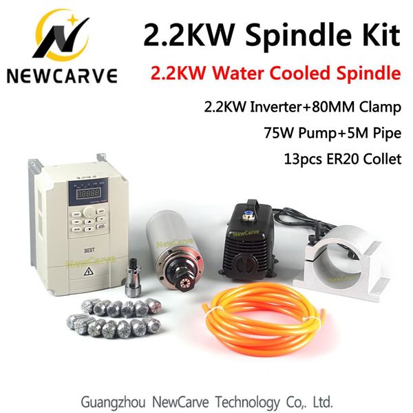 2.2kw broche Kit 220v CNC fraisage eau Refroidi broche Moteur + 2.2kw Inverter + 80mm + Pince 75W Pompe à eau + 5m Tubes + 13pcs ER20 NewCarve broche