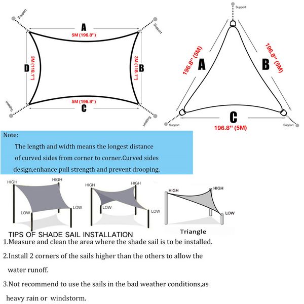 2/3/3,6 / 5 m Shade Shade Sail au soleil couvre couvre