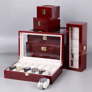 2/3/5/6/10/12 Slots Watch Box Organisateur Red Piano avec peinture rouge Bijoux en bois Boîtier de rangement pour hommes montres en verre affichages 240416
