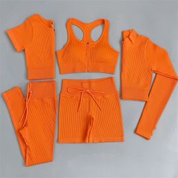 2/3/5PC survêtement pour femmes ensemble de Yoga sans couture vêtements d'entraînement vêtements de sport cordon taille haute Leggings Fitness costumes de sport W220418