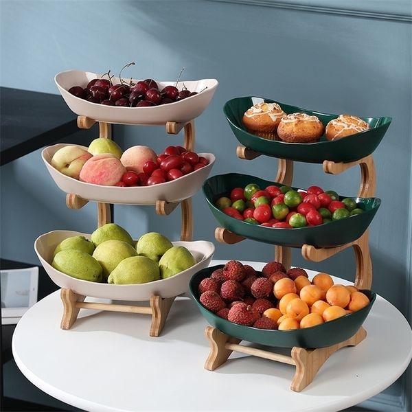 Assiettes de fruits en plastique à 2/3 niveaux avec support en bois bols de service ovales pour présentoir de serveur de nourriture de fête étagères à plats de bonbons aux fruits 220418
