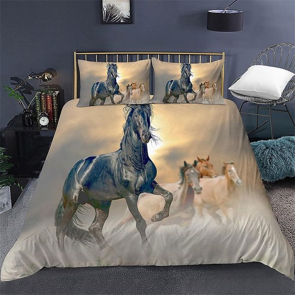 2/3pcs motif de cheval au galop dominateur imprimé housse de couette pour chambre couette couvre ensembles de literie avec taie d'oreiller décor à la maison 210319