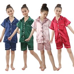2 4 6 8 10 12 14 ans Enfants Pyjamas Satin Silk Summer Toddler Boys Filles pour adolescents Pink Kids Pijamas Pyjama à manches courtes Set 240506
