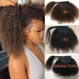 # 2 # 4 Brown Afro Kinky Curly Ponytail Cabello humano Ponytail Wrap Around puff bollo updo Hairs Remy Brazilian Pony tail Extensiones 120g