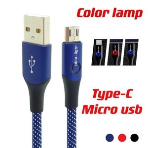 2.4A Snelle lading LED-kabels Type C Micro Gevlochten USB-kabel 1M 3ft Alloy Fabric Cords voor Samsung Huawei Android PC