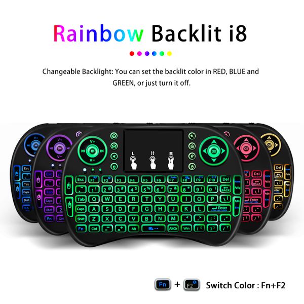 I8 Mini Mini clavier sans fil 7 couleurs rétroéclairé anglais Air Mouse télécommande avec pavé tactile 2.4 Ghz pour Android TV Box X96 Mini MXQ