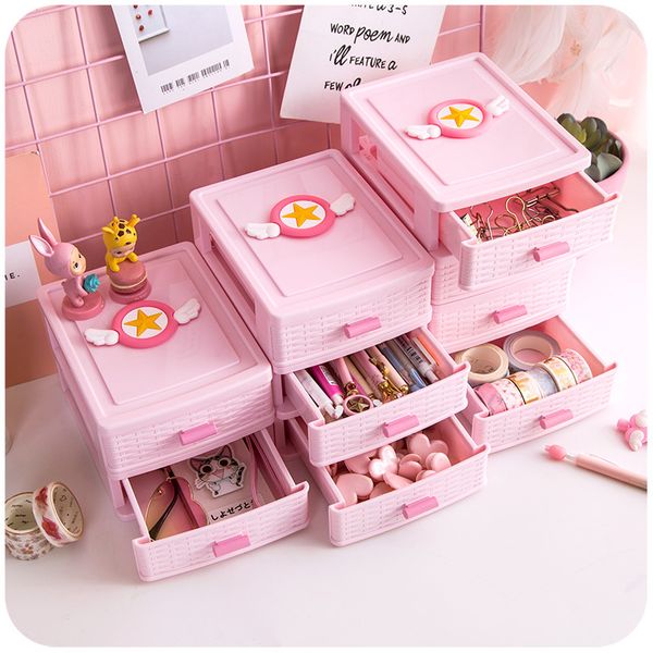 Boîte de bureau à tiroirs rose à 2 ou 4 couches, joli support en plastique pour articles divers, armoire de rangement pour cosmétiques, organisateur de maquillage de bureau