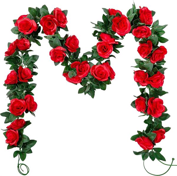 Guirlande de roses artificielles de 2,4 m, fausses fleurs, guirlandes de roses rouges pour décoration de maison, fête, arc de mariage, jardin, hôtel, bureau