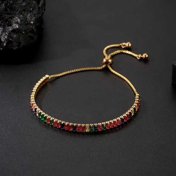 2*4mm Arc-En-Ciel Multicolore Baguette Cubique Zircone Tennis Bracelet Bling Curseur Réglable Cristal Cz Zircon Femmes 1Or Plaque Chaîne Bracelets Bracelet Pour Femme