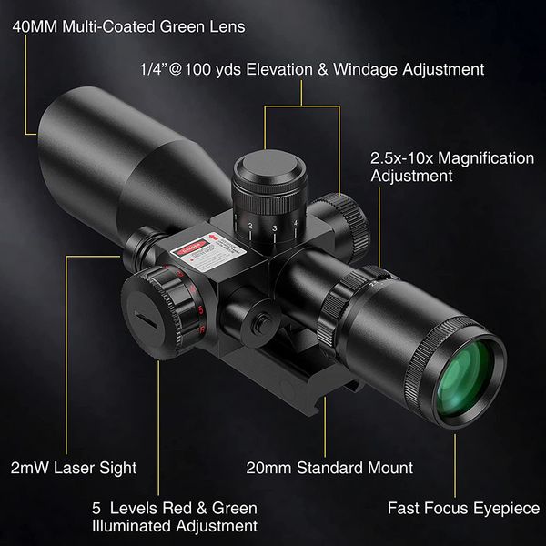 Portée du fusil 2.5-10x40 avec costume laser rouge pour 20 mm Moutiens vert rouge illuminé Mil-Dot Tactical pour la chasse