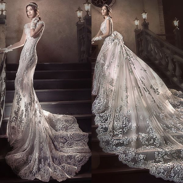 2,5 mètres de longue queue robe de mariée magnifique mode détachable train plage robe de mariée de luxe cristal perlé applique sirène robe de mariée