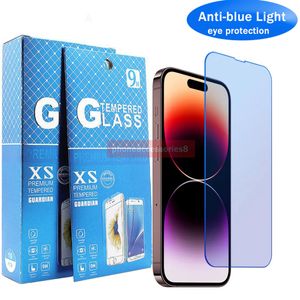 2.5D Anti-blue Ray gehard glas telefoon screen protector voor iphone 15 14 13 12 11 pro max XR XS MAX 6 7 8 ogen bescherming glas in papieren zak pakket