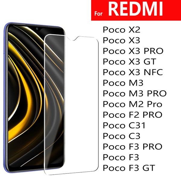 Protecteur d'écran de téléphone en verre trempé 2.5D, pour XIAOMI REDMI POCO X2 X3 PRO GT NFC M3 M2 F2 C3 C31 F3 PRO