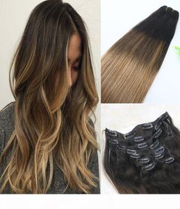 2 6 18 Clip en extensiones de cabello humano Balayage Ombre Marrón medio con reflejos Balayage rubio ceniza 120 gramos 7 piezas 1045884