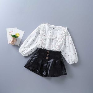 2-7 ans haute qualité fille vêtements ensemble automne mode décontracté à pois chemise + pantalon en cuir enfant enfants vêtements 210615