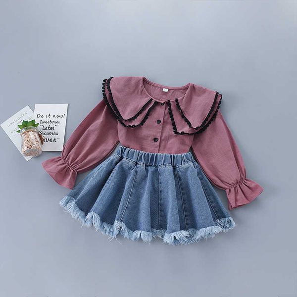 2-7 años Conjunto de ropa de niña de alta calidad Moda de otoño Camisa sólida verde roja + falda de mezclilla Niños Niños 210615