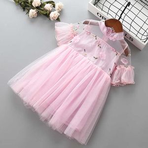 2-7 ans haute qualité fille robe été chinois dentelle solide enfant enfants vêtements fête formelle princesse 210615