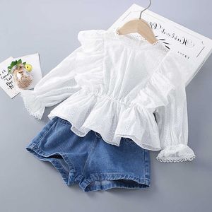 2-7 ans Haute Qualité Printemps Fille Vêtements Ensemble Mode Casual Floral Solide Chemise + Jeans Kid Enfants Filles 210615