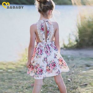 2-7Y zomer bloem peuter kinderen meisjes jurk kant backless tutu vakantie reizen strand jurken voor meisje kostuums 210515