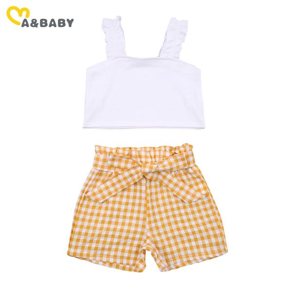 Conjunto de ropa de verano para niños pequeños de 2 a 7 años, chaleco sin mangas con volantes, pantalones cortos a cuadros amarillos con lazo, traje de viaje y vacaciones 210515