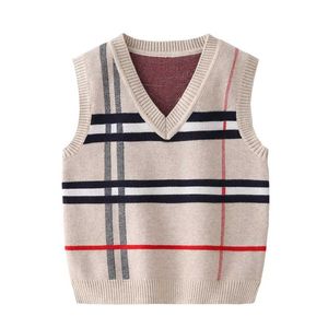 2-8T Plaid Pull Tank pour garçon fille enfant en bas âge enfant bébé printemps automne col en V top en tricot automne mode gilet tricots vêtements 211011